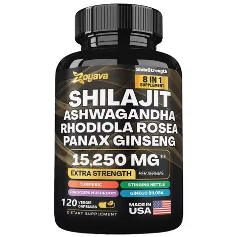 SHILAJIT Suplemento 8 en 1 con Ashwagandha, Rhodiola Rosea, Panax Ginseng, cúrcuma, Ginkgo Biloba (120 Capsulas)