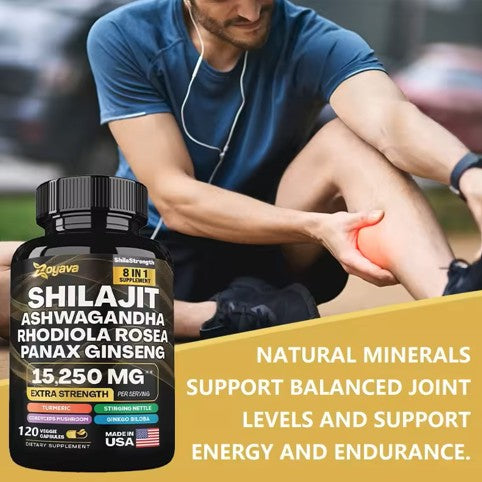SHILAJIT Suplemento 8 en 1 con Ashwagandha, Rhodiola Rosea, Panax Ginseng, cúrcuma, Ginkgo Biloba (120 Capsulas)