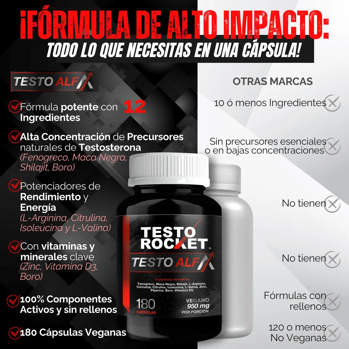 Testo Rocket ALFA Precursor Testosterona con 12 Potentes ingredientes 180 Cápsulas para 3 meses