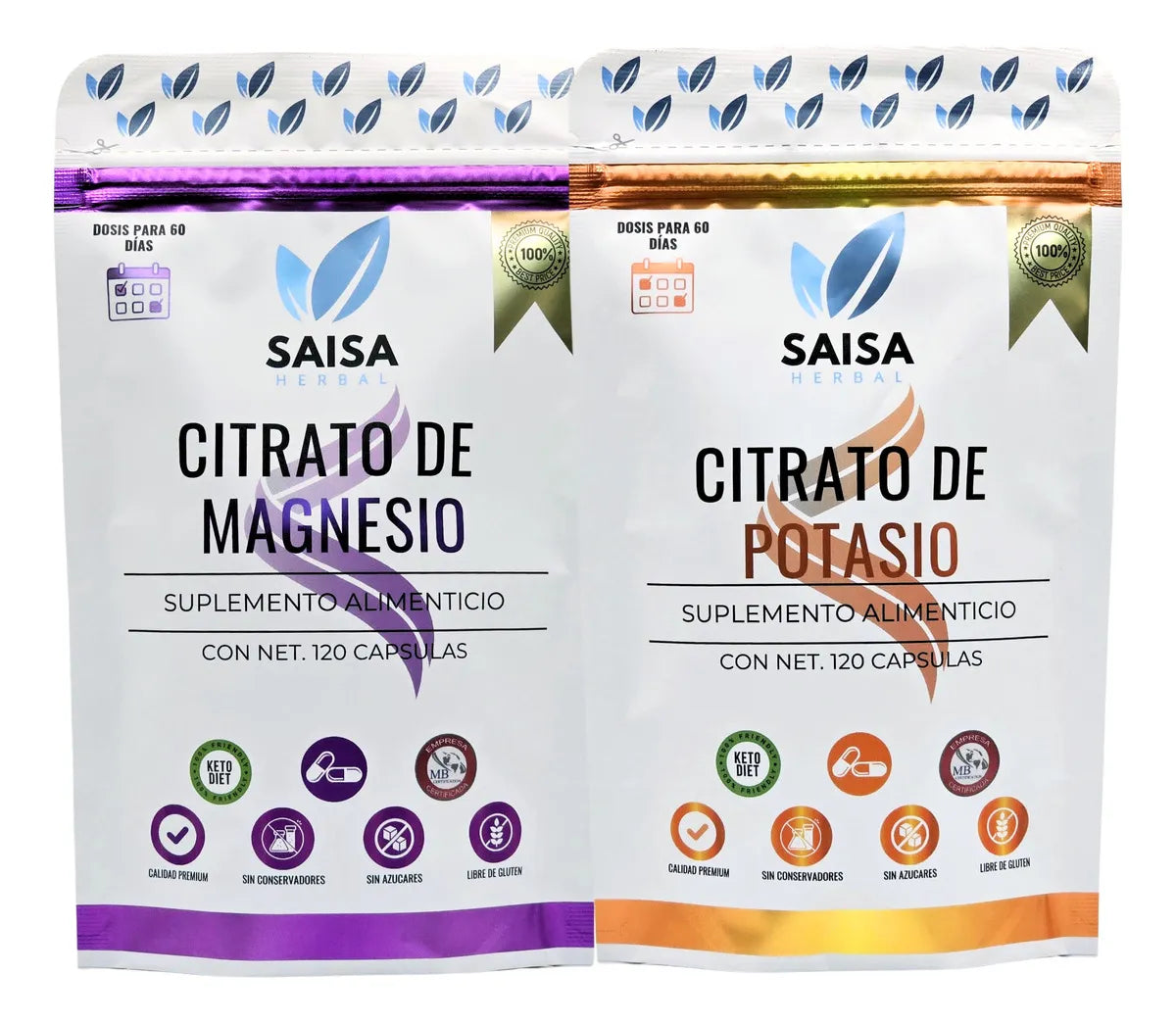 Citrato de magnesio y Citrato de Potasio bolsas 120 cápsulas cada uno para 2 meses