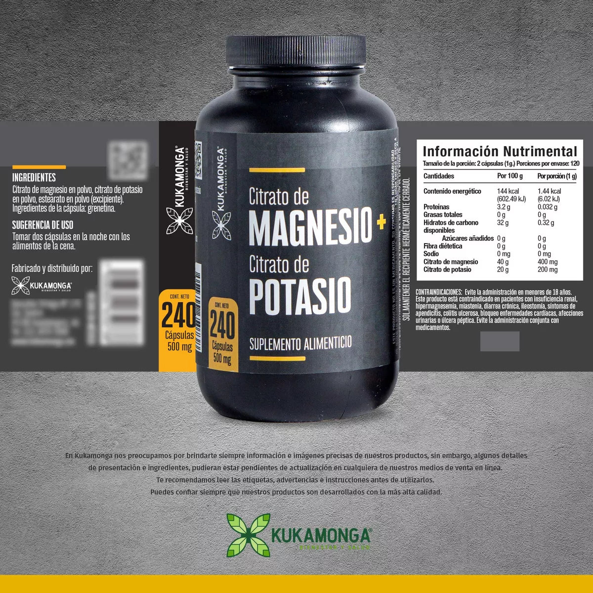 Citrato De Magnesio + Citrato De Potasio - 240 Cápsulas para 4 meses