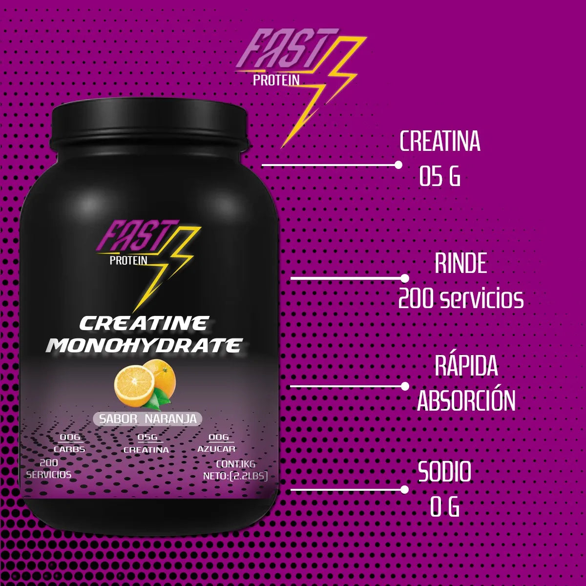 Creatina Monohidrato Sabor Naranja 1k (200 servicios)