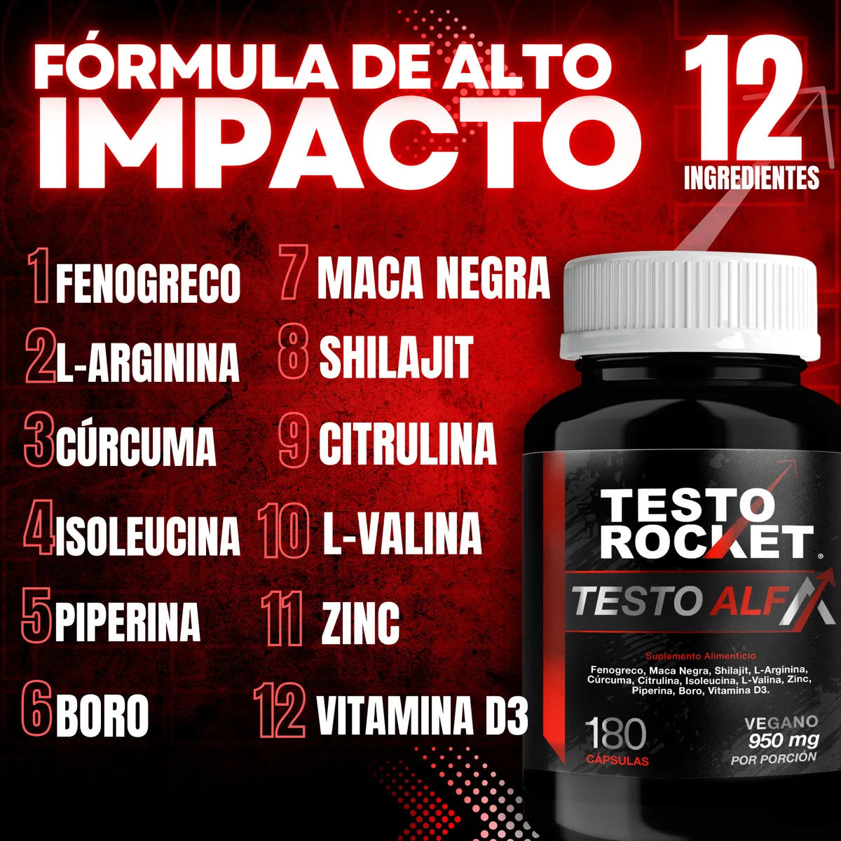 Testo Rocket ALFA Precursor Testosterona con 12 Potentes ingredientes 180 Cápsulas para 3 meses
