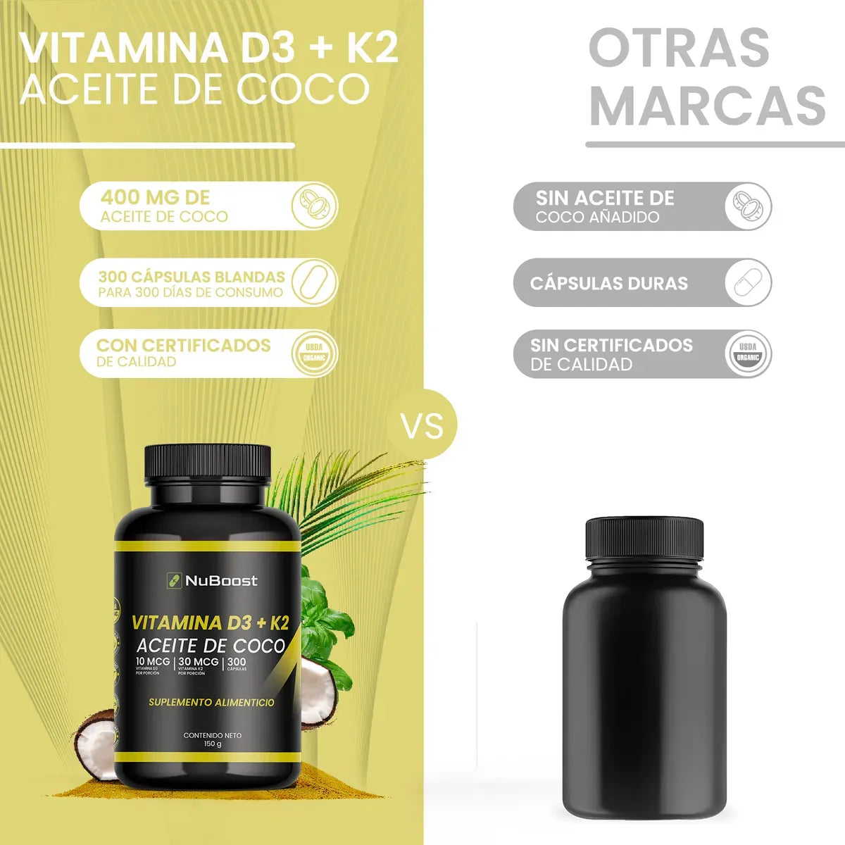 Vitamina D3 + K2 Y Aceite De Coco, 300 Cápsulas (300 dias)