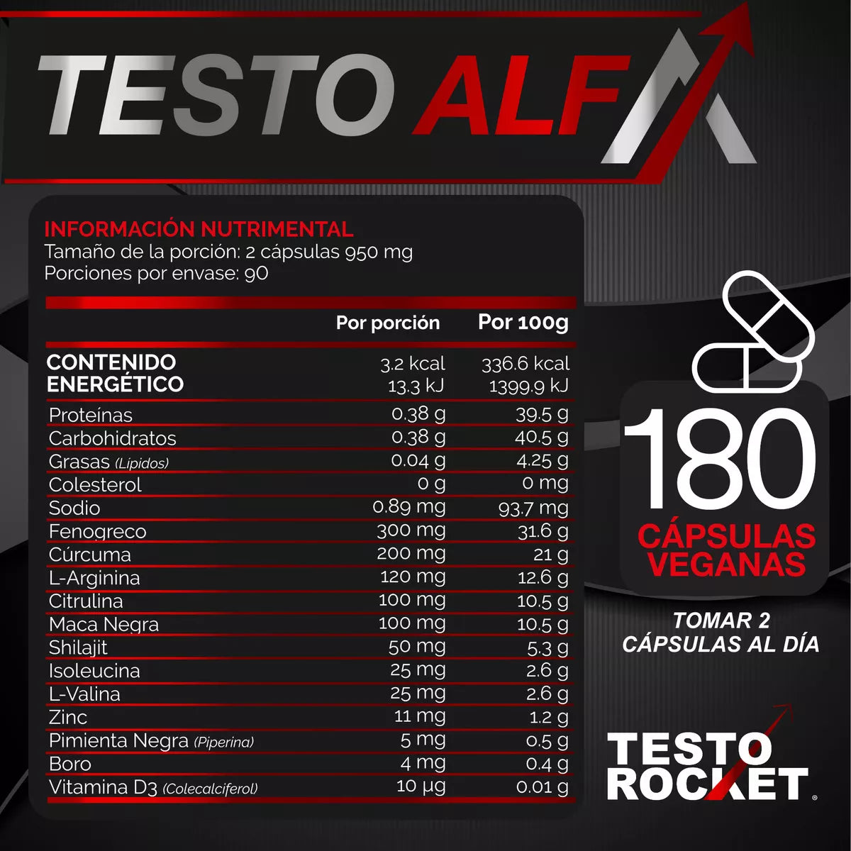 Testo Rocket ALFA Precursor Testosterona con 12 Potentes ingredientes 180 Cápsulas para 3 meses