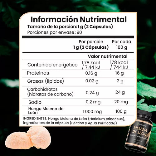 Melena De León Hongo Puro 180 Capsulas (90 dias)