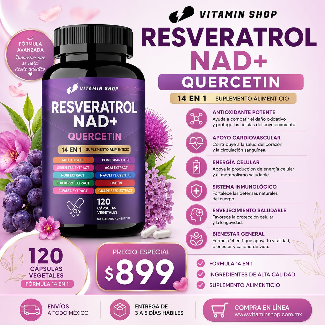 RESVERATROL NAD+ QUERCETIN 14 EN 1 – 120 CÁPSULAS