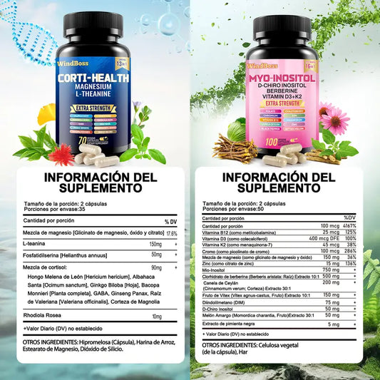 COMBO Suplemento Windboss Cortisol Inositol 2 en 1 | Vitalidad y bienestar diarios | 90+60 cápsulas]
