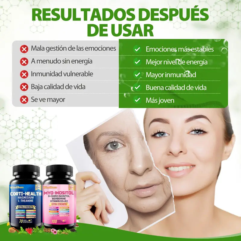 COMBO Suplemento Windboss Cortisol Inositol 2 en 1 | Vitalidad y bienestar diarios | 90+60 cápsulas]