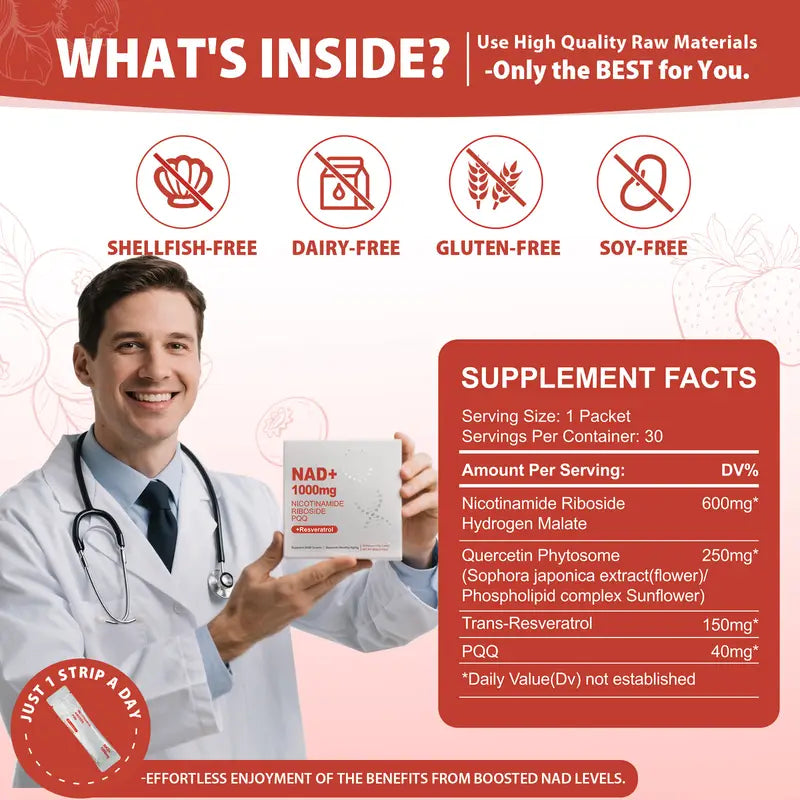 NAD+ Resveratrol Suplemento Líquido Energía Celular, Enfoque y Antienvejecimiento | 30 Sobres Individuales