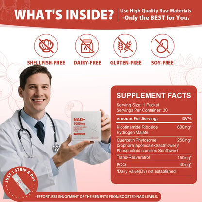NAD+ Resveratrol Suplemento Líquido Energía Celular, Enfoque y Antienvejecimiento | 30 Sobres Individuales