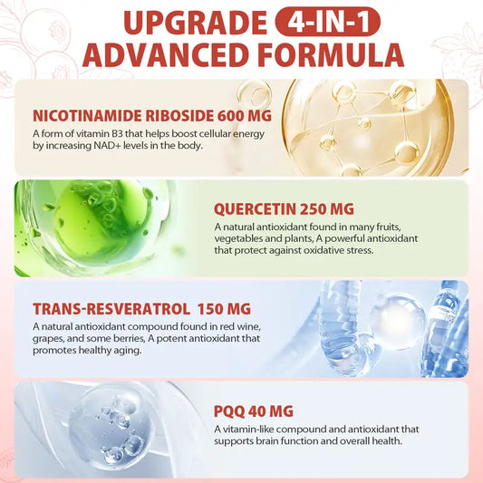 NAD+ Resveratrol Suplemento Líquido Energía Celular, Enfoque y Antienvejecimiento | 30 Sobres Individuales