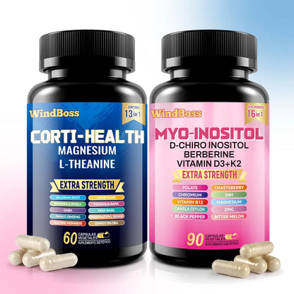COMBO Suplemento Windboss Cortisol Inositol 2 en 1 | Vitalidad y bienestar diarios | 90+60 cápsulas]