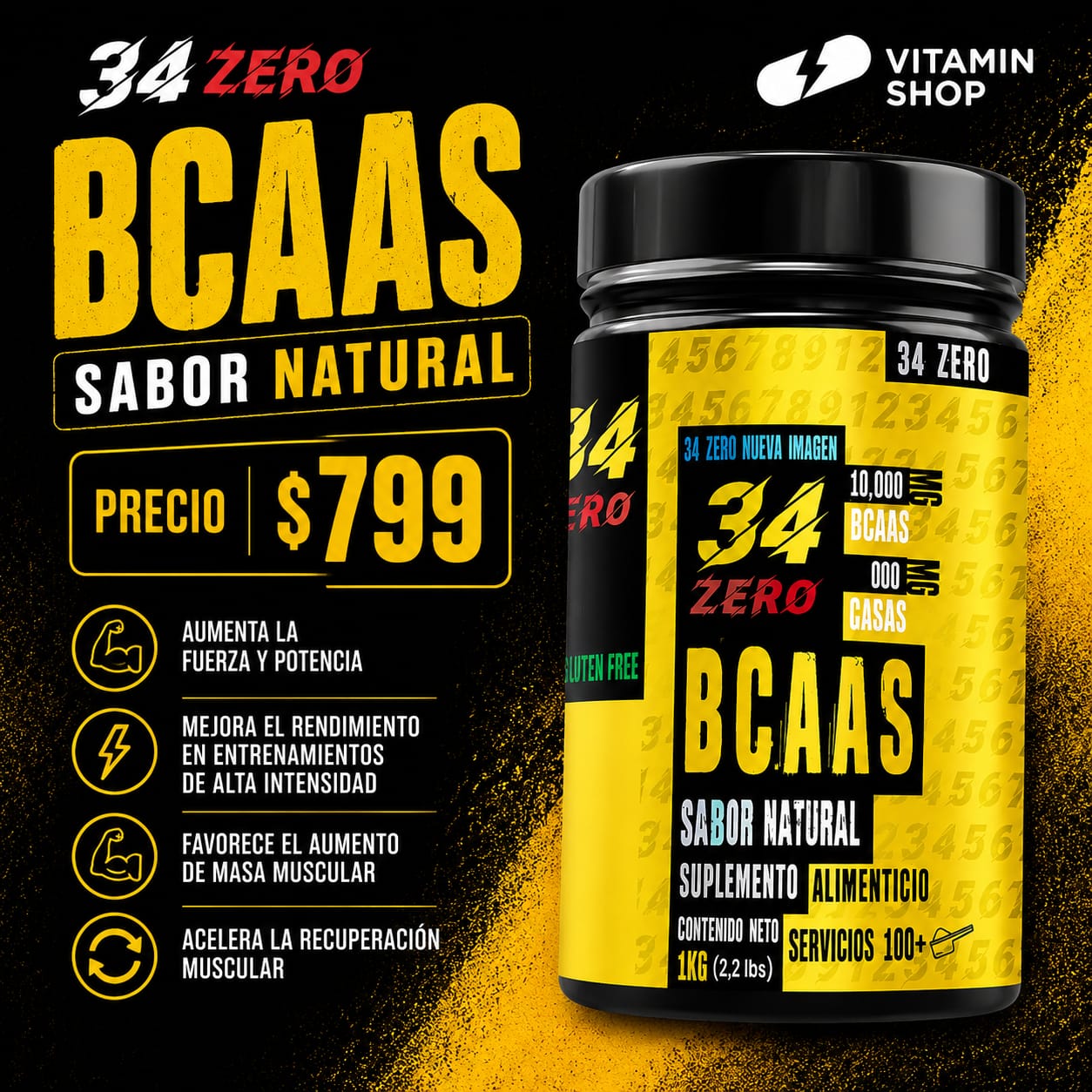 Aminoácidos BCAA Polvo OCRE 34 ZERO 1Kg Sabor Natural Libre de Gluten