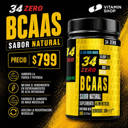 Aminoácidos BCAA Polvo OCRE 34 ZERO 1Kg Sabor Natural Libre de Gluten