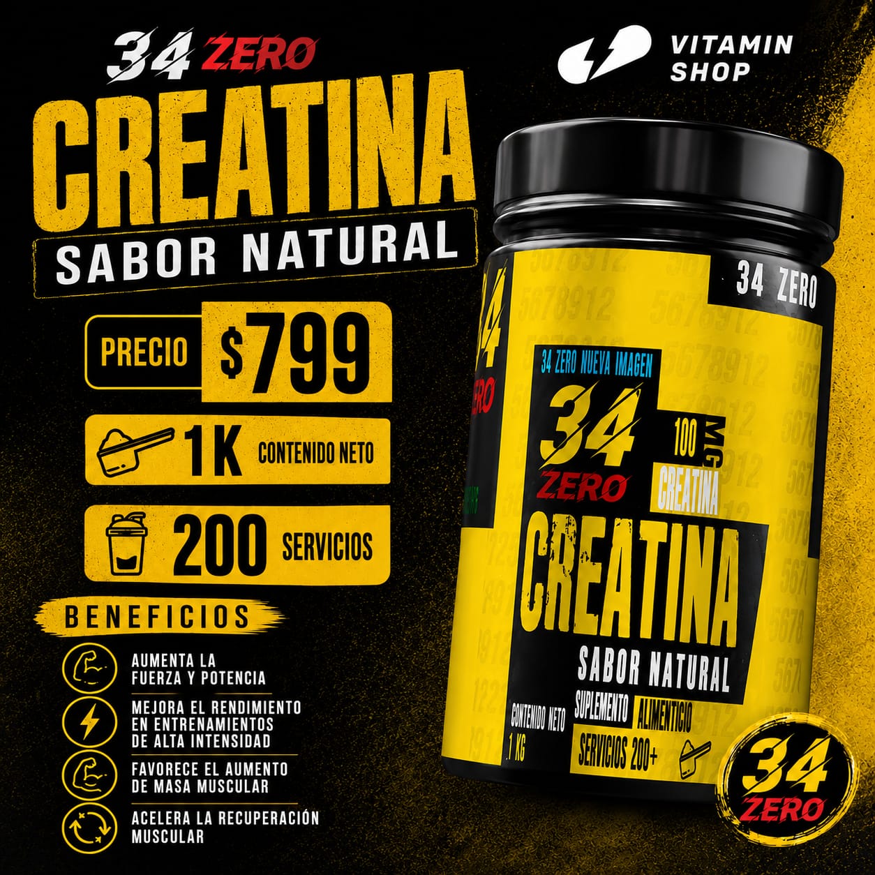 Creatina 34zero 1kg 200 Servs