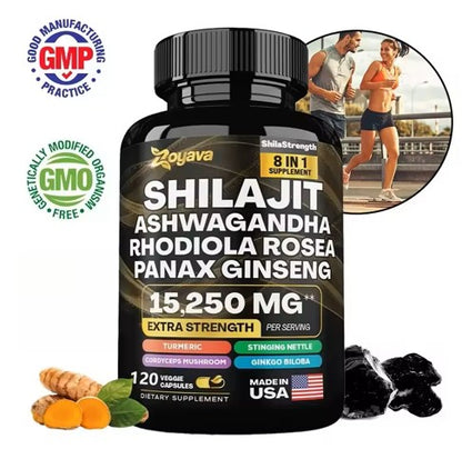 SHILAJIT Suplemento 8 en 1 con Ashwagandha, Rhodiola Rosea, Panax Ginseng, cúrcuma, Ginkgo Biloba (120 Capsulas)