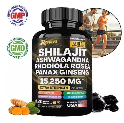 SHILAJIT Suplemento 8 en 1 con Ashwagandha, Rhodiola Rosea, Panax Ginseng, cúrcuma, Ginkgo Biloba (120 Capsulas)
