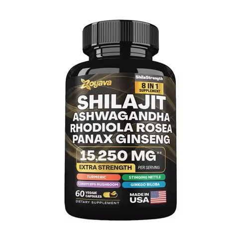 SHILAJIT Suplemento 8 en 1 con Ashwagandha, Rhodiola Rosea, Panax Ginseng, cúrcuma, Ginkgo Biloba (120 Capsulas)