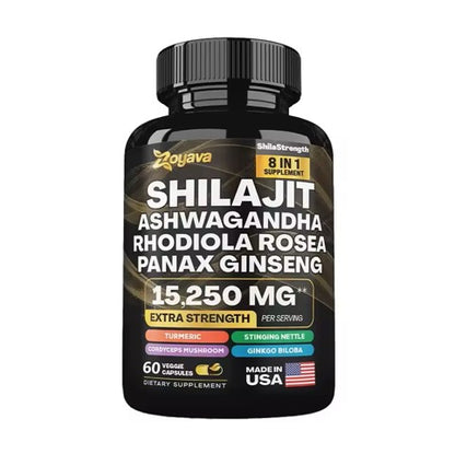 SHILAJIT Suplemento 8 en 1 con Ashwagandha, Rhodiola Rosea, Panax Ginseng, cúrcuma, Ginkgo Biloba (120 Capsulas)