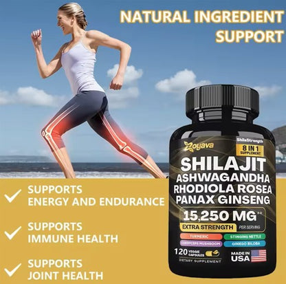 SHILAJIT Suplemento 8 en 1 con Ashwagandha, Rhodiola Rosea, Panax Ginseng, cúrcuma, Ginkgo Biloba (120 Capsulas)
