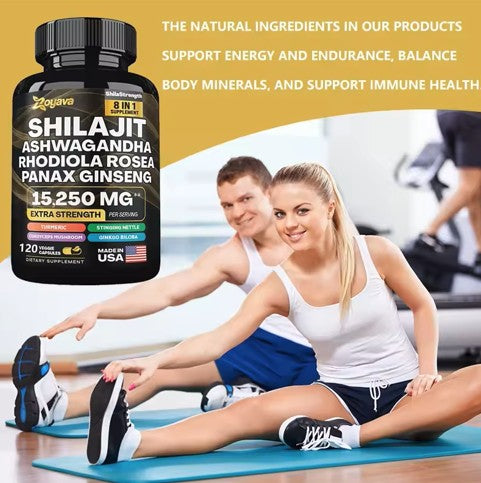 SHILAJIT Suplemento 8 en 1 con Ashwagandha, Rhodiola Rosea, Panax Ginseng, cúrcuma, Ginkgo Biloba (120 Capsulas)