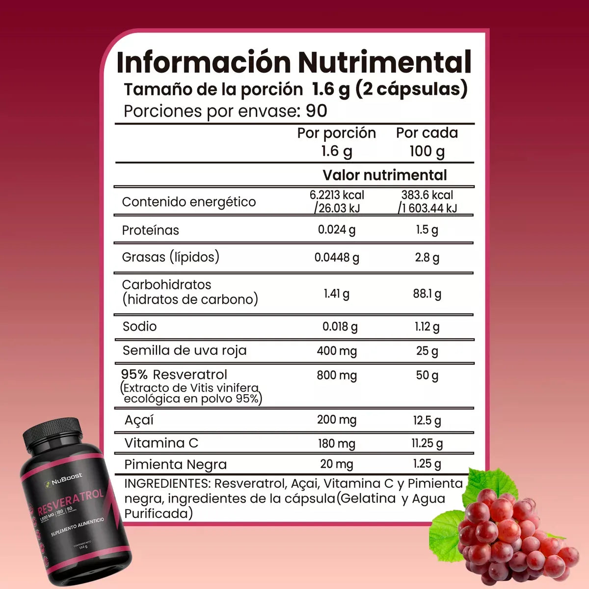 Resveratrol 800 Mg Con Vitamina C 180 Cápsulas (90 dias)