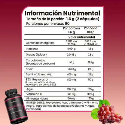 Resveratrol 800 Mg Con Vitamina C 180 Cápsulas (90 dias)