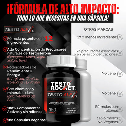 Testo Rocket ALFA Precursor Testosterona con 12 Potentes ingredientes 180 Cápsulas para 3 meses