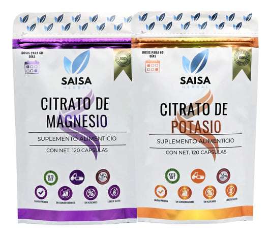 Citrato de magnesio y Citrato de Potasio bolsas 120 cápsulas cada uno para 2 meses