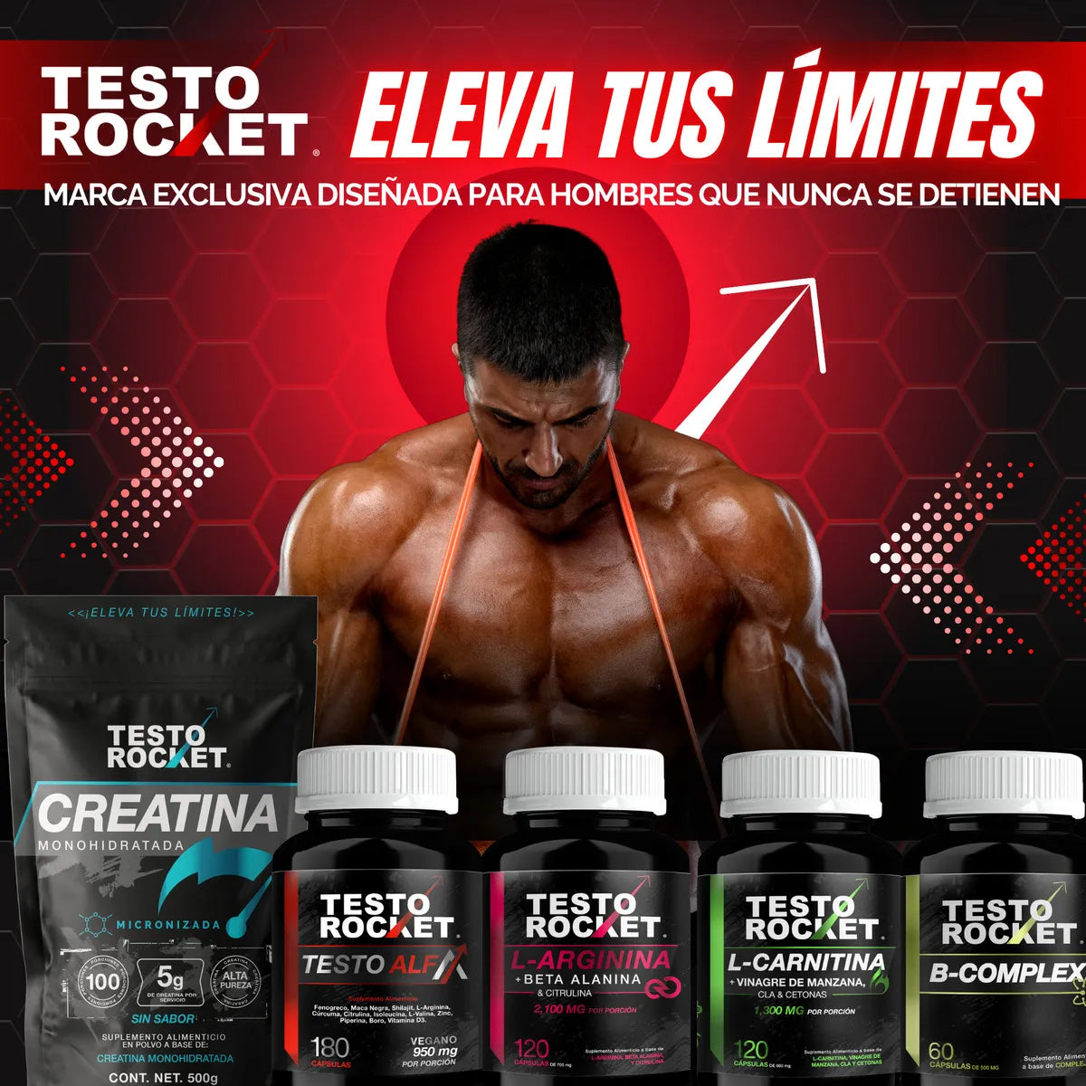 Testo Rocket ALFA Precursor Testosterona con 12 Potentes ingredientes 180 Cápsulas para 3 meses