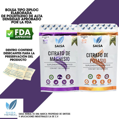 Citrato de magnesio y Citrato de Potasio bolsas 120 cápsulas cada uno para 2 meses