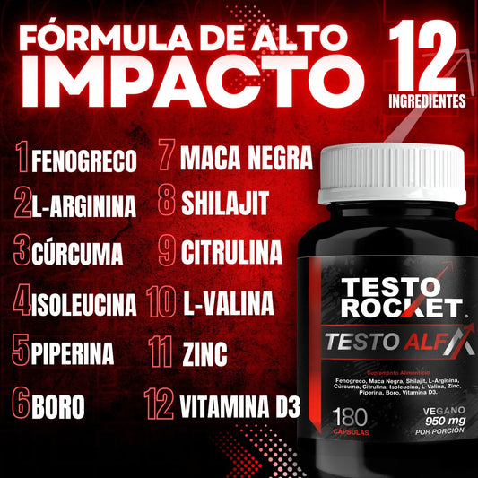 Testo Rocket ALFA Precursor Testosterona con 12 Potentes ingredientes 180 Cápsulas para 3 meses