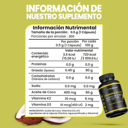 Vitamina D3 + K2 Y Aceite De Coco, 300 Cápsulas (300 dias)