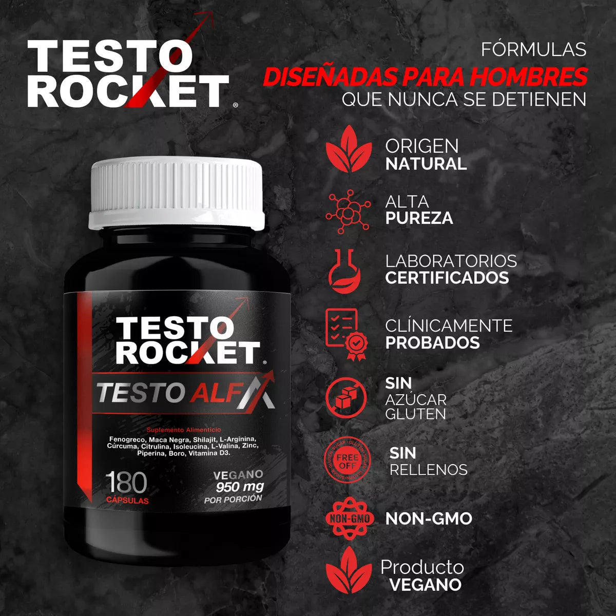 Testo Rocket ALFA Precursor Testosterona con 12 Potentes ingredientes 180 Cápsulas para 3 meses