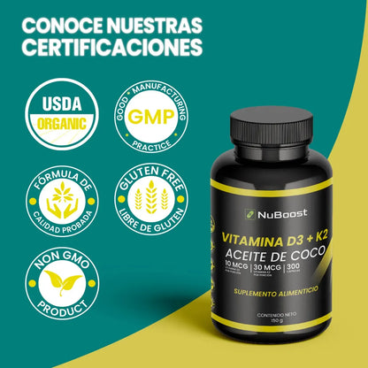 Vitamina D3 + K2 Y Aceite De Coco, 300 Cápsulas (300 dias)