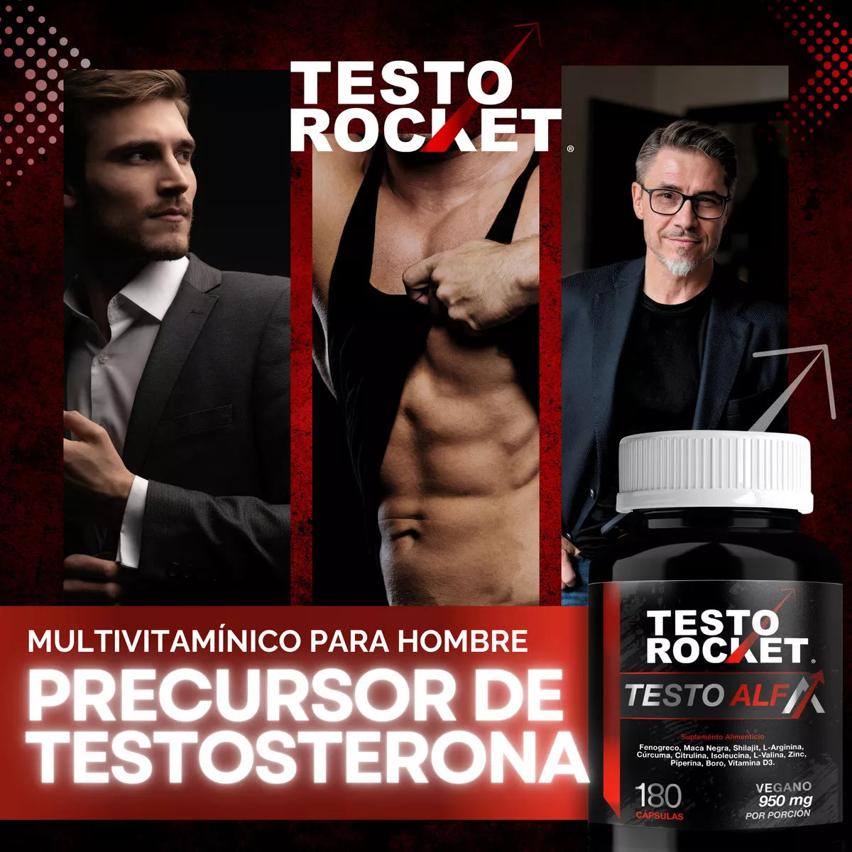 Testo Rocket ALFA Precursor Testosterona con 12 Potentes ingredientes 180 Cápsulas para 3 meses