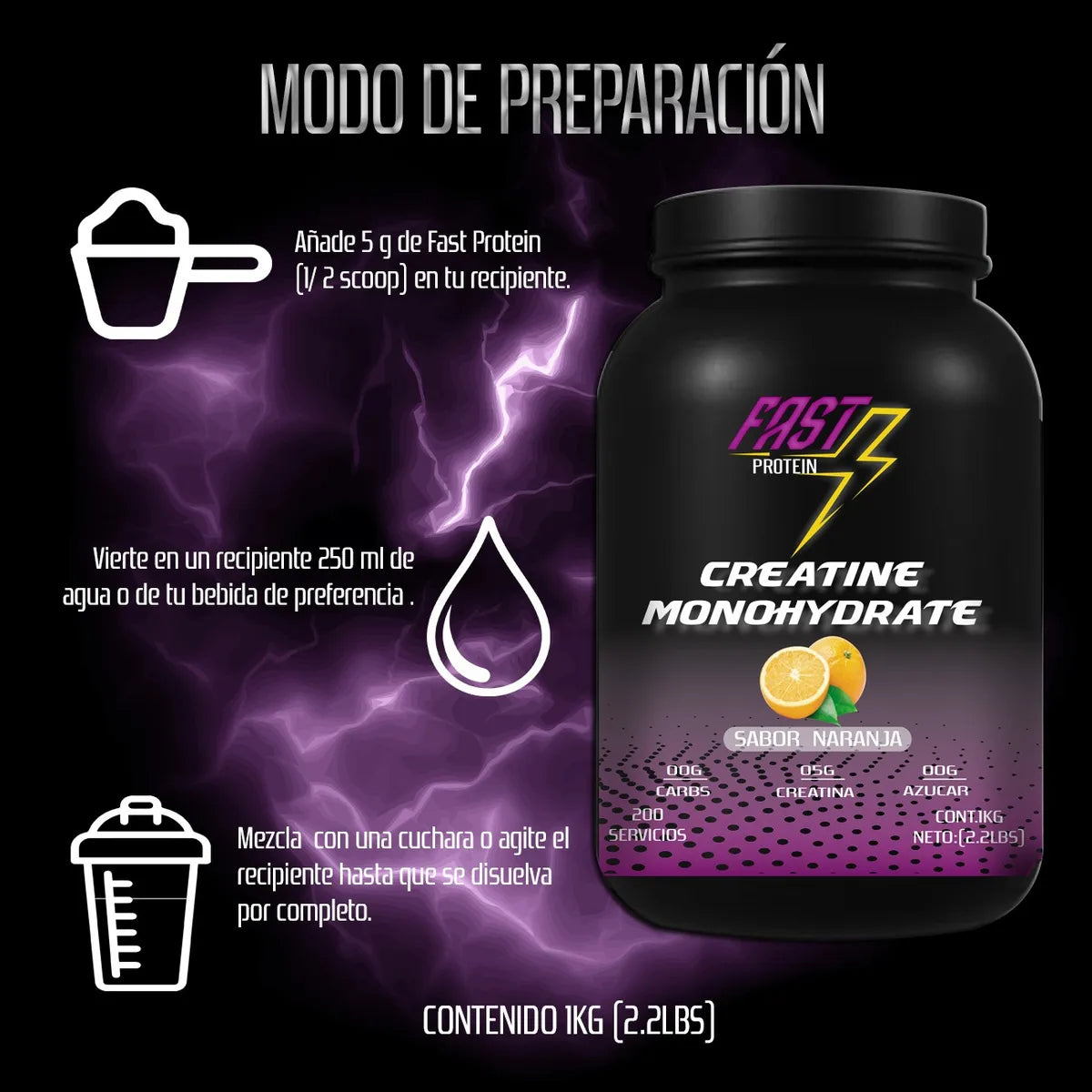 Creatina Monohidrato Sabor Naranja 1k (200 servicios)