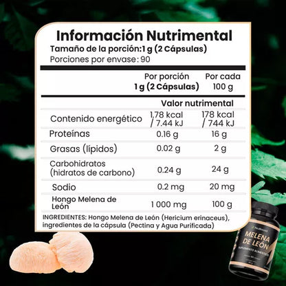 Melena De León Hongo Puro 180 Capsulas (90 dias)