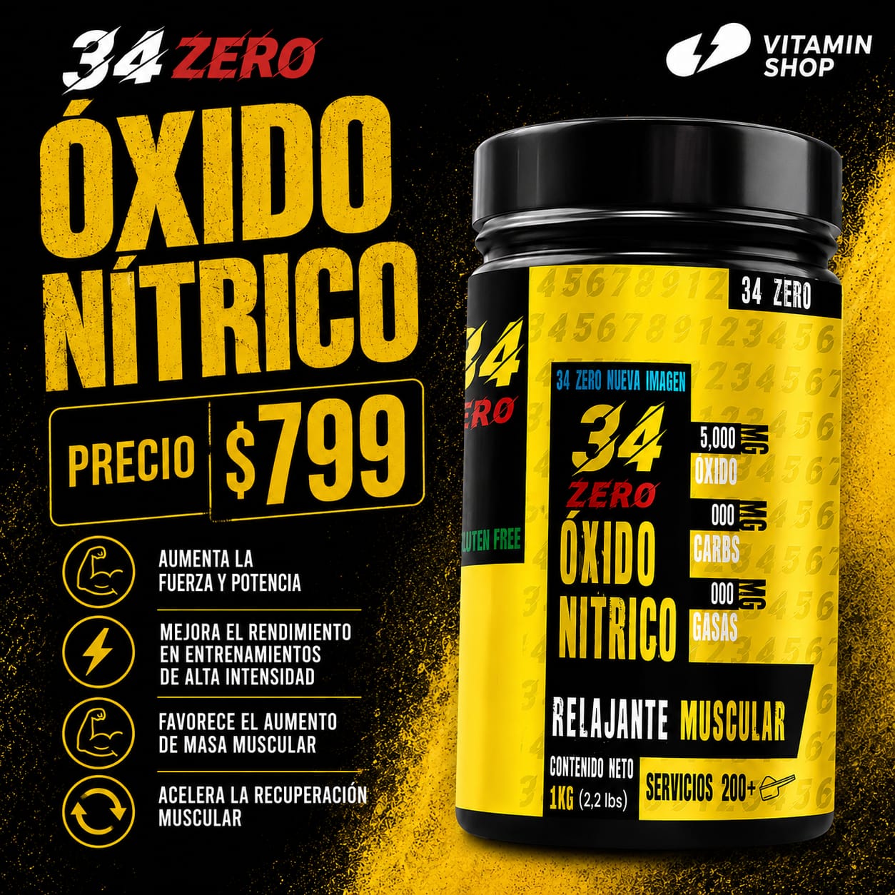 Óxido Nítrico 34 Zero 1 Kg 200 Servicios Pre Entreno