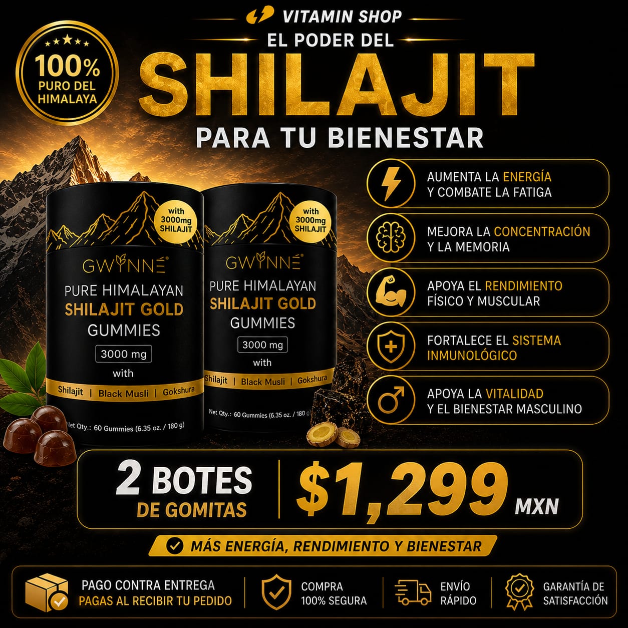 Shilajit Gomitas GOLD 2 Botes por 1299 PAGAS AL RECIBIR