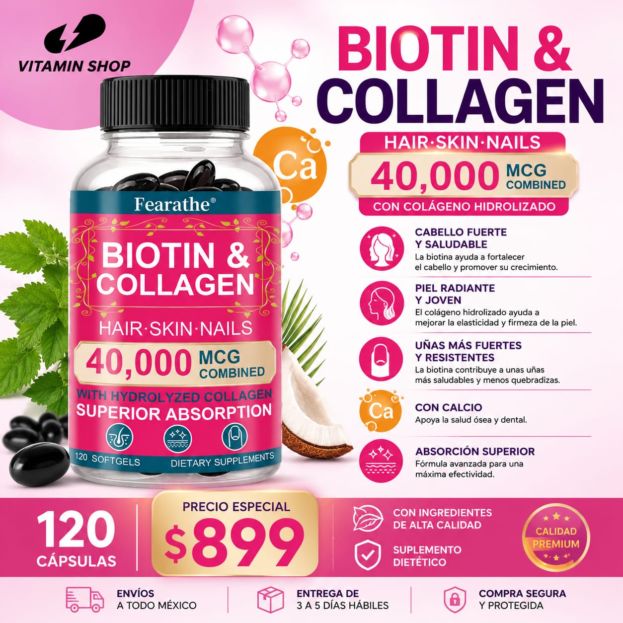 BIOTINA + COLÁGENO 40,000 MCG – 120 CÁPSULAS