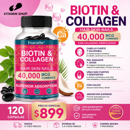 BIOTINA + COLÁGENO 40,000 MCG – 120 CÁPSULAS