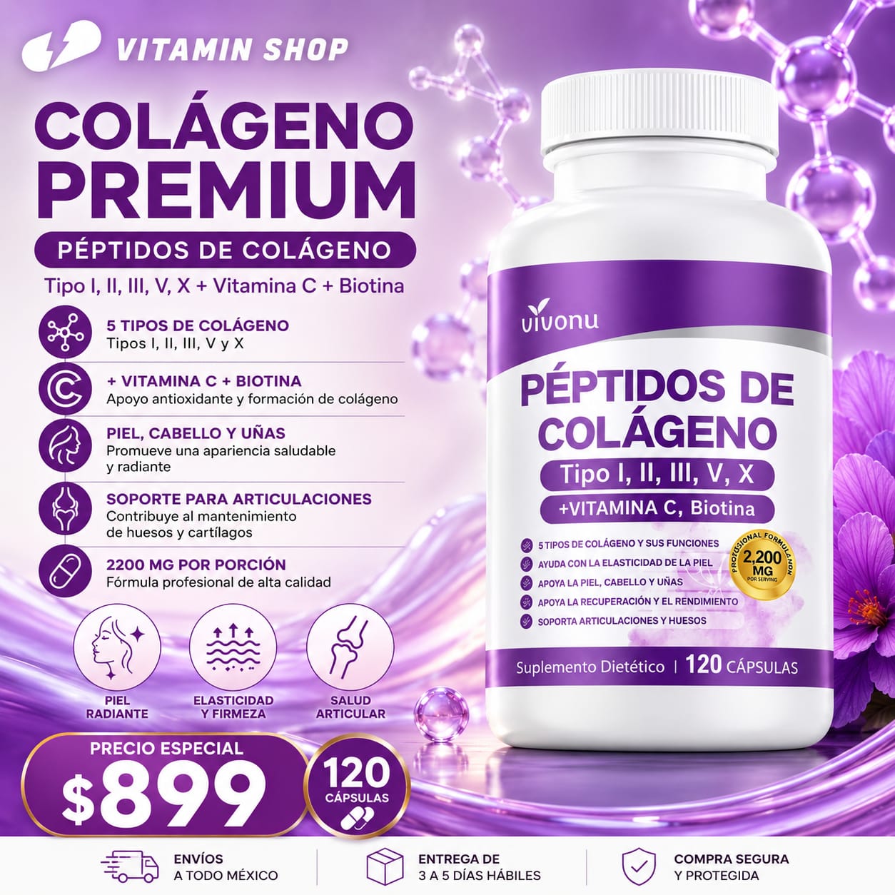 COLÁGENO PREMIUM CON VITAMINA C Y BIOTINA – 120 CÁPSULAS