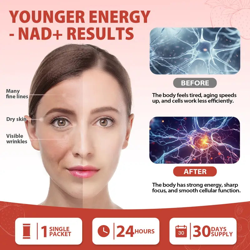 NAD+ Resveratrol Suplemento Líquido Energía Celular, Enfoque y Antienvejecimiento | 30 Sobres Individuales