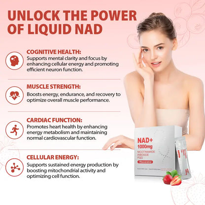NAD+ Resveratrol Suplemento Líquido Energía Celular, Enfoque y Antienvejecimiento | 30 Sobres Individuales