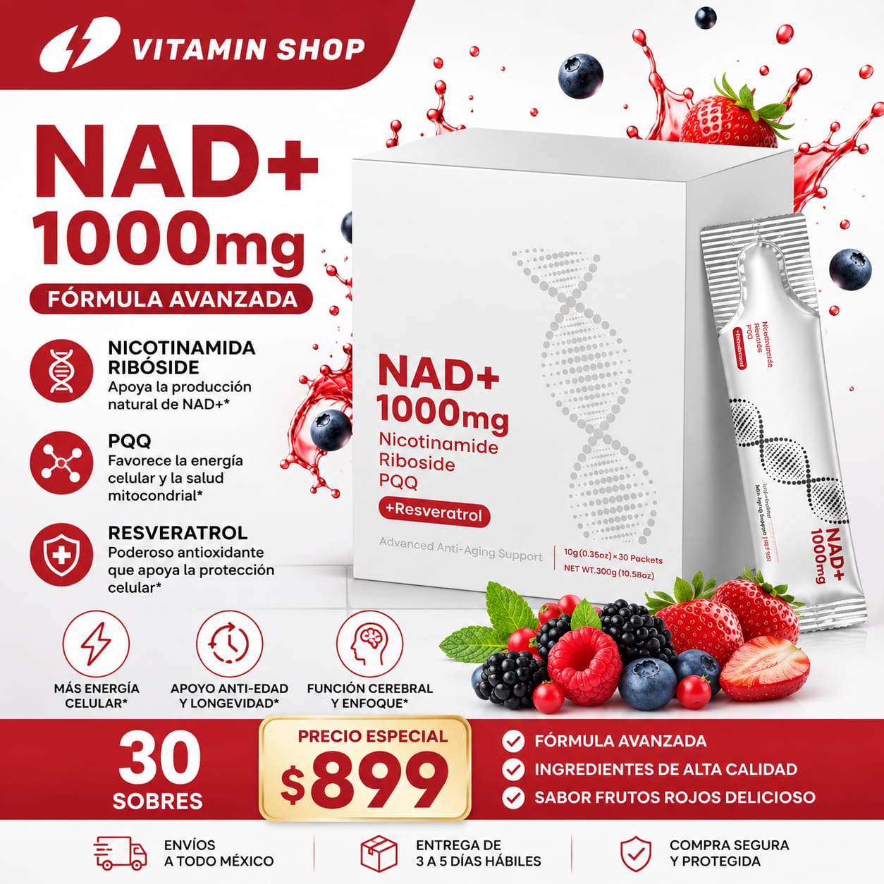 NAD+ 1000 MG CON RESVERATROL Y PQQ – 30 SOBRES